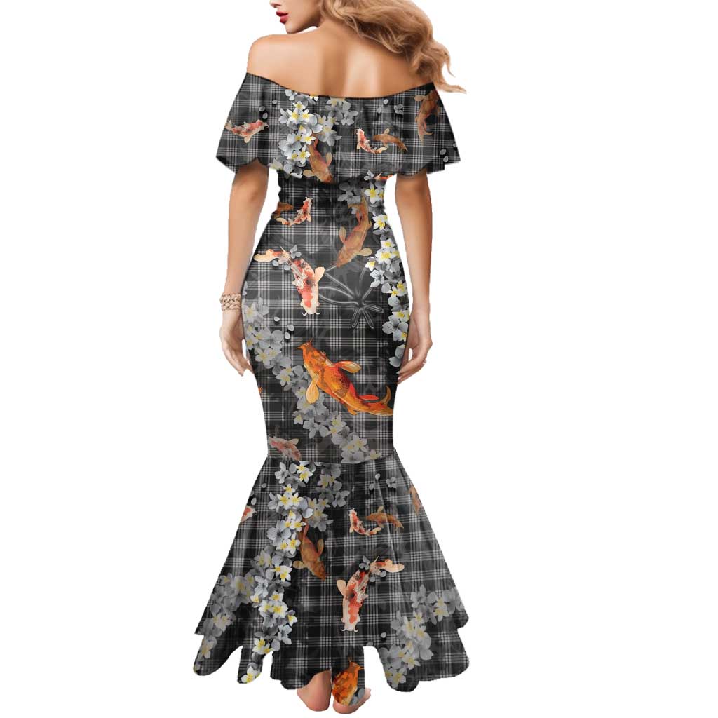 Black Palaka Hawaiian And Japanese Family Matching Mermaid Dress and Hawaiian Shirt Sakura Lei With Koi Fish - Polynesian Pride