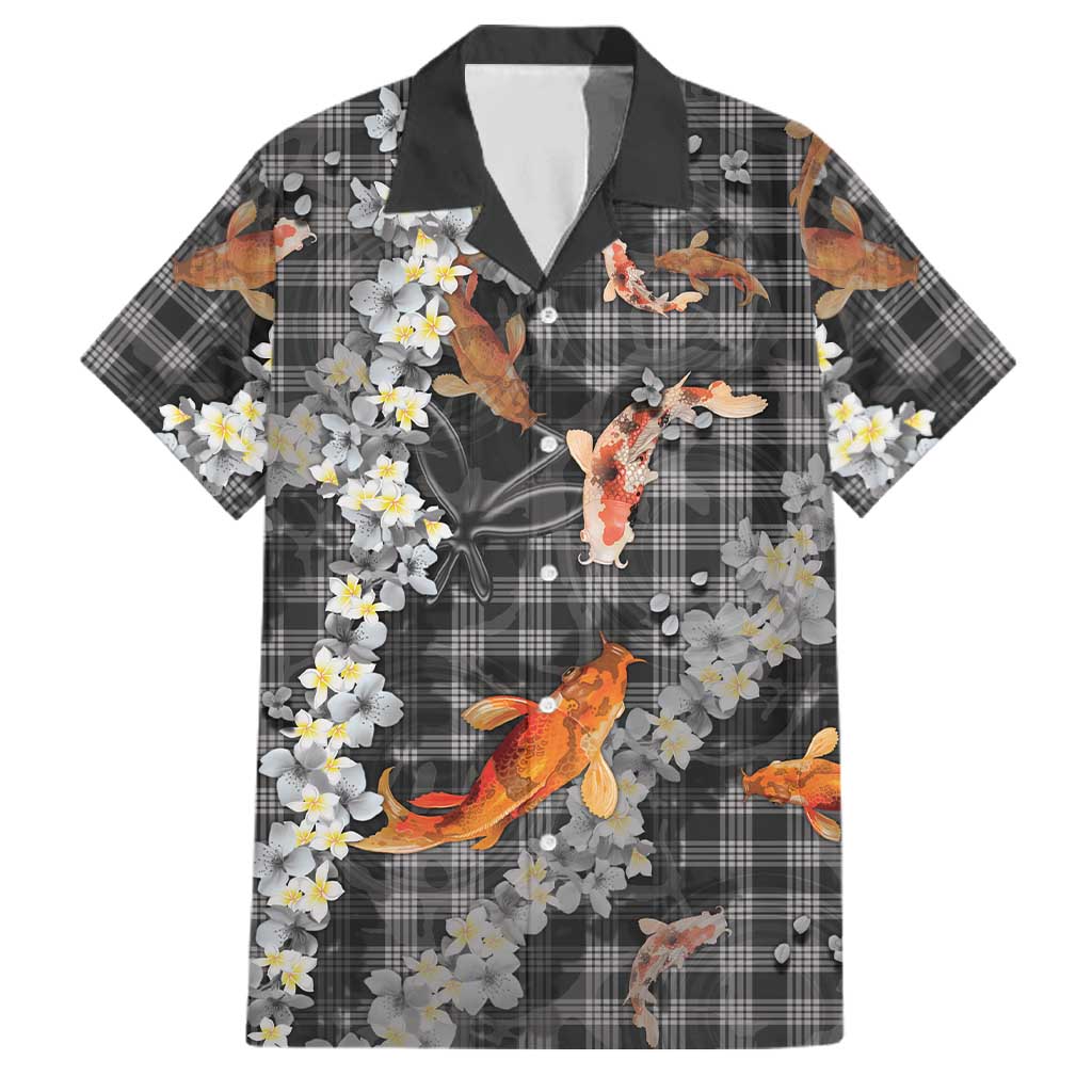 Black Palaka Hawaiian And Japanese Family Matching Off The Shoulder Long Sleeve Dress and Hawaiian Shirt Sakura Lei With Koi Fish - Polynesian Pride