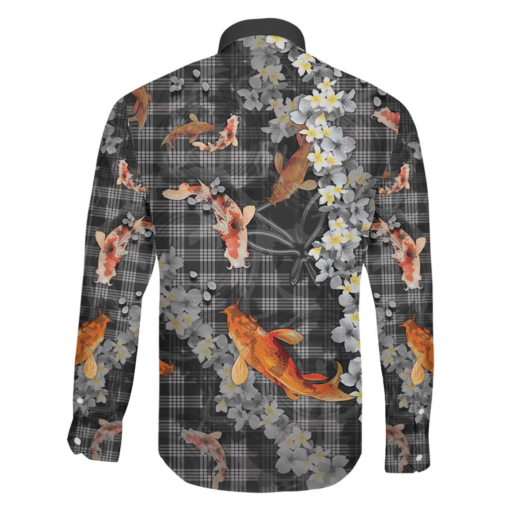 Black Palaka Hawaiian And Japanese Family Matching Off The Shoulder Long Sleeve Dress and Hawaiian Shirt Sakura Lei With Koi Fish - Polynesian Pride
