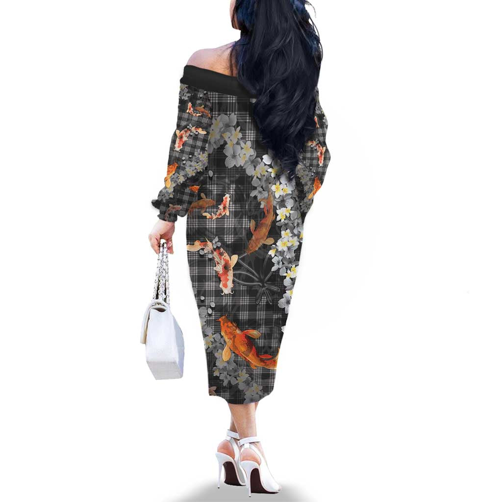 Black Palaka Hawaiian And Japanese Family Matching Off The Shoulder Long Sleeve Dress and Hawaiian Shirt Sakura Lei With Koi Fish - Polynesian Pride