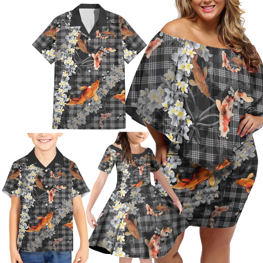 Black Palaka Hawaiian And Japanese Family Matching Off Shoulder Short Dress and Hawaiian Shirt Sakura Lei With Koi Fish - Polynesian Pride