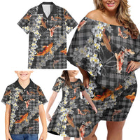 Black Palaka Hawaiian And Japanese Family Matching Off Shoulder Short Dress and Hawaiian Shirt Sakura Lei With Koi Fish - Polynesian Pride