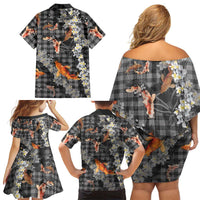 Black Palaka Hawaiian And Japanese Family Matching Off Shoulder Short Dress and Hawaiian Shirt Sakura Lei With Koi Fish - Polynesian Pride