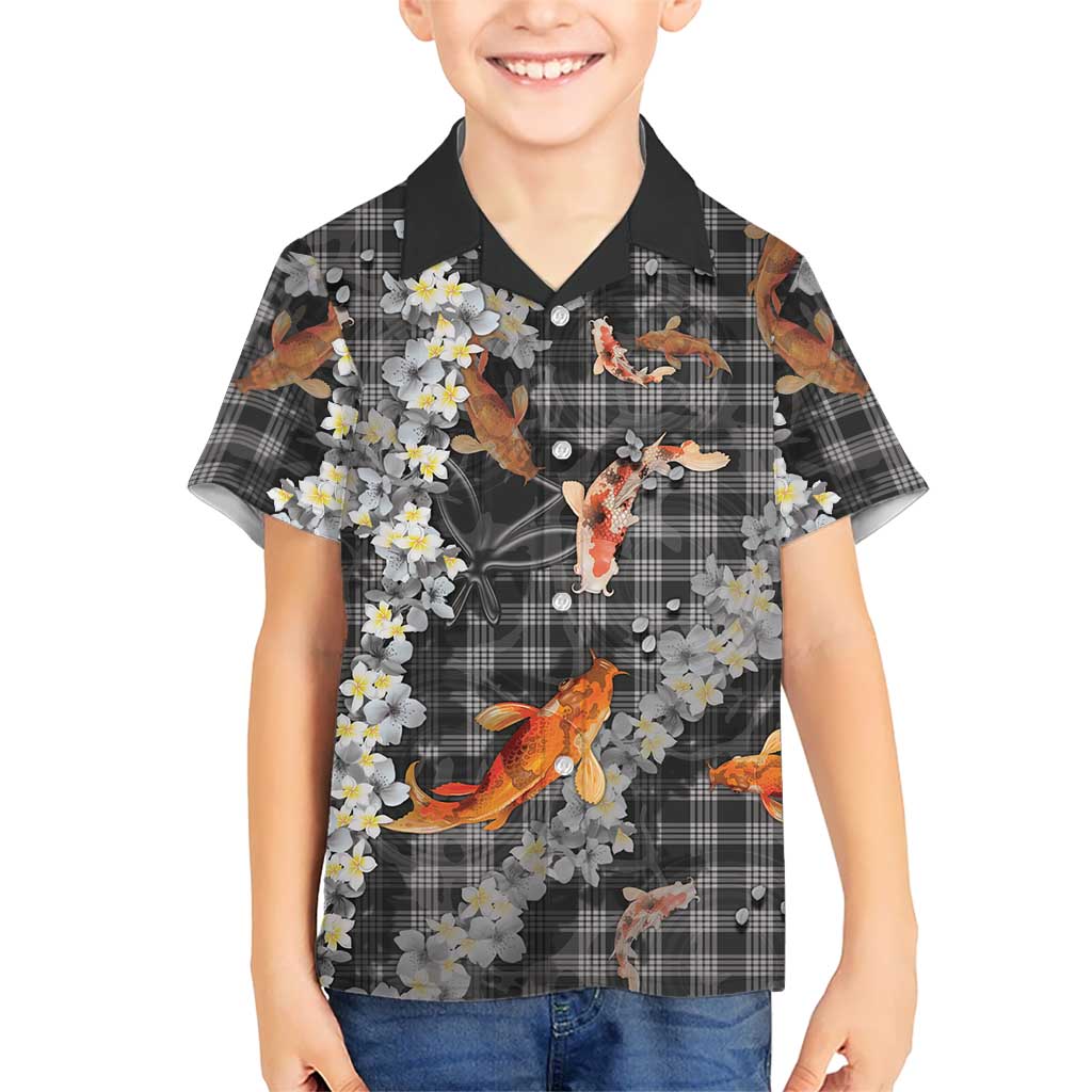 Black Palaka Hawaiian And Japanese Family Matching Off Shoulder Short Dress and Hawaiian Shirt Sakura Lei With Koi Fish - Polynesian Pride