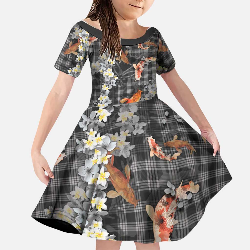 Black Palaka Hawaiian And Japanese Family Matching Short Sleeve Bodycon Dress and Hawaiian Shirt Sakura Lei With Koi Fish - Polynesian Pride