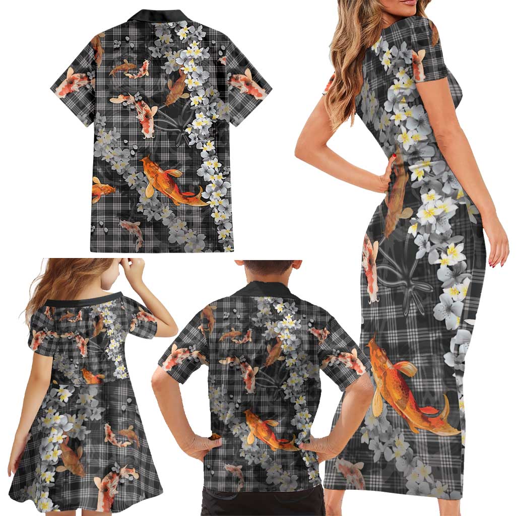 Black Palaka Hawaiian And Japanese Family Matching Short Sleeve Bodycon Dress and Hawaiian Shirt Sakura Lei With Koi Fish - Polynesian Pride