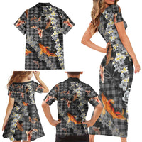 Black Palaka Hawaiian And Japanese Family Matching Short Sleeve Bodycon Dress and Hawaiian Shirt Sakura Lei With Koi Fish - Polynesian Pride