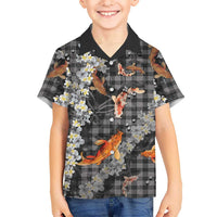Black Palaka Hawaiian And Japanese Family Matching Short Sleeve Bodycon Dress and Hawaiian Shirt Sakura Lei With Koi Fish - Polynesian Pride