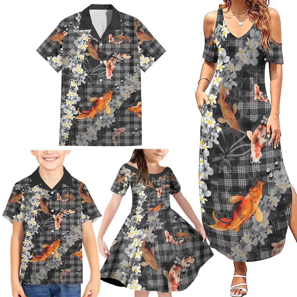 Black Palaka Hawaiian And Japanese Family Matching Summer Maxi Dress and Hawaiian Shirt Sakura Lei With Koi Fish - Polynesian Pride