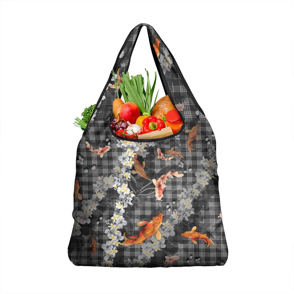Black Palaka Hawaiian And Japanese Grocery Bag Sakura Lei With Koi Fish DT05 1-pack One Size Black - Polynesian Pride