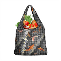 Black Palaka Hawaiian And Japanese Grocery Bag Sakura Lei With Koi Fish DT05 1-pack One Size Black - Polynesian Pride