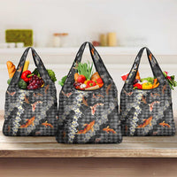Black Palaka Hawaiian And Japanese Grocery Bag Sakura Lei With Koi Fish DT05 3-pack One Size Black - Polynesian Pride