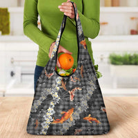 Black Palaka Hawaiian And Japanese Grocery Bag Sakura Lei With Koi Fish DT05 - Polynesian Pride