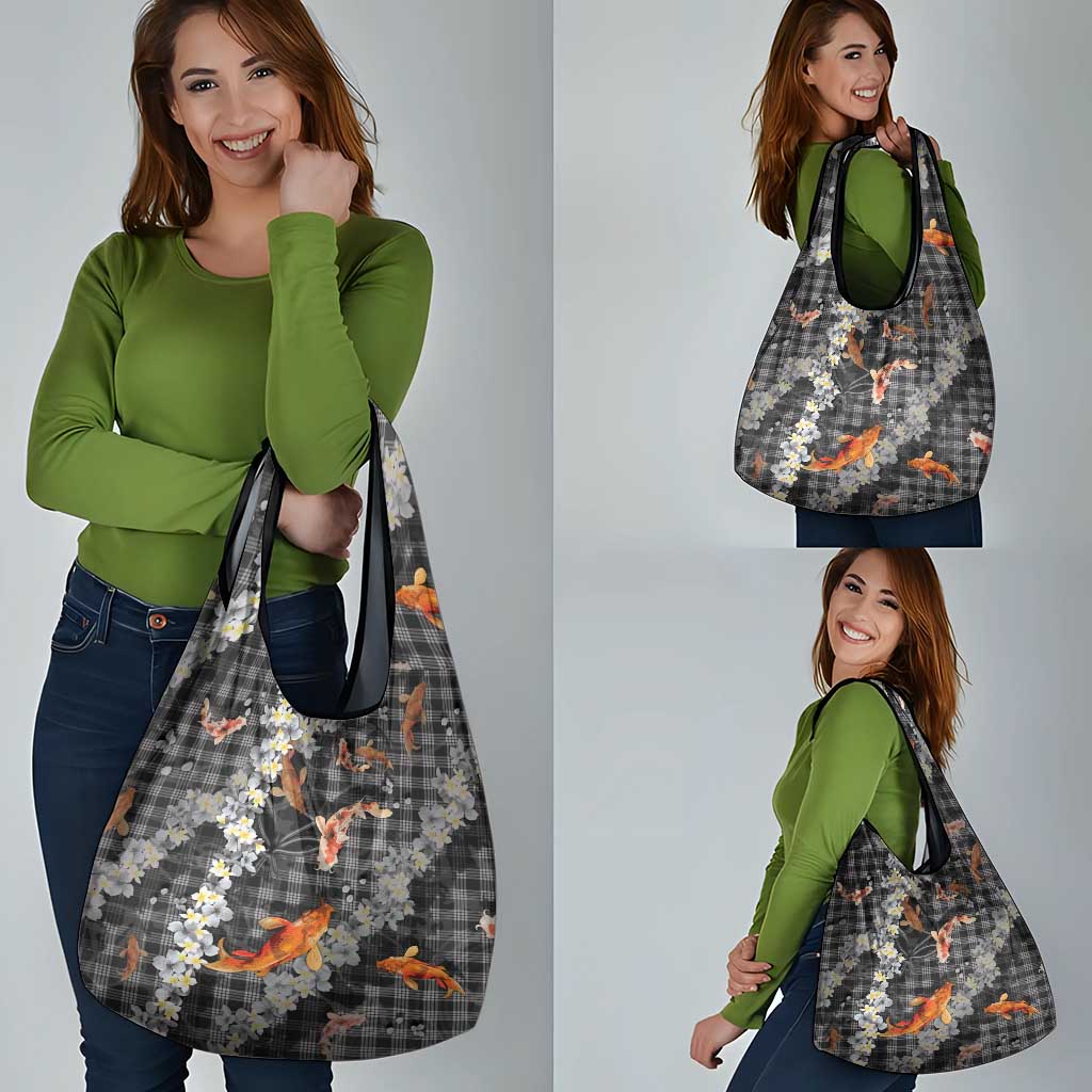 Black Palaka Hawaiian And Japanese Grocery Bag Sakura Lei With Koi Fish DT05 - Polynesian Pride