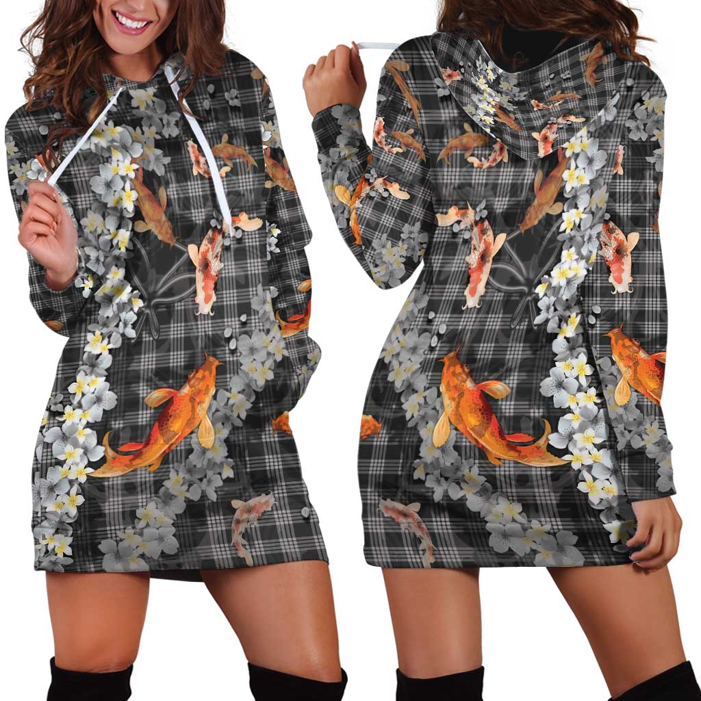 Black Palaka Hawaiian And Japanese Hoodie Dress Sakura Lei With Koi Fish DT05 - Polynesian Pride