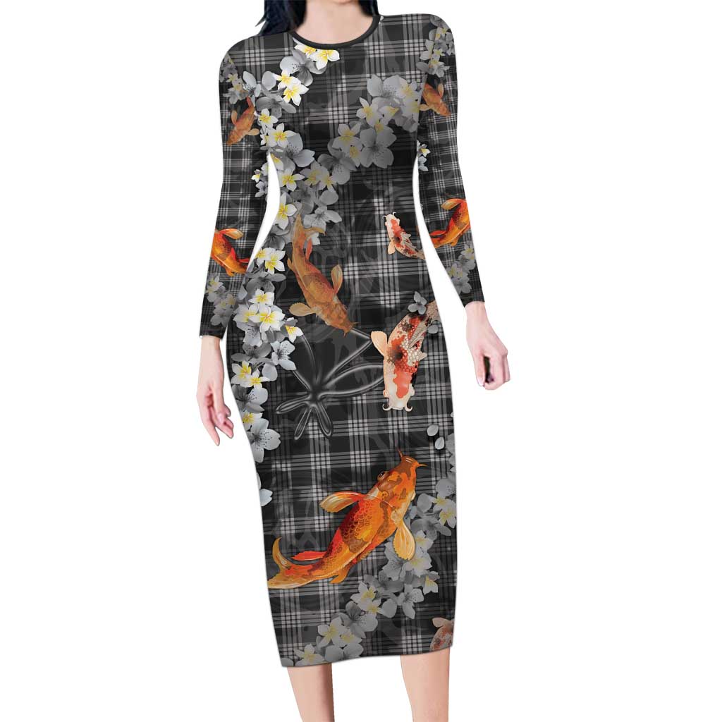 Black Palaka Hawaiian And Japanese Long Sleeve Bodycon Dress Sakura Lei With Koi Fish DT05 Long Dress Black - Polynesian Pride