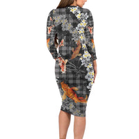 Black Palaka Hawaiian And Japanese Long Sleeve Bodycon Dress Sakura Lei With Koi Fish DT05 - Polynesian Pride