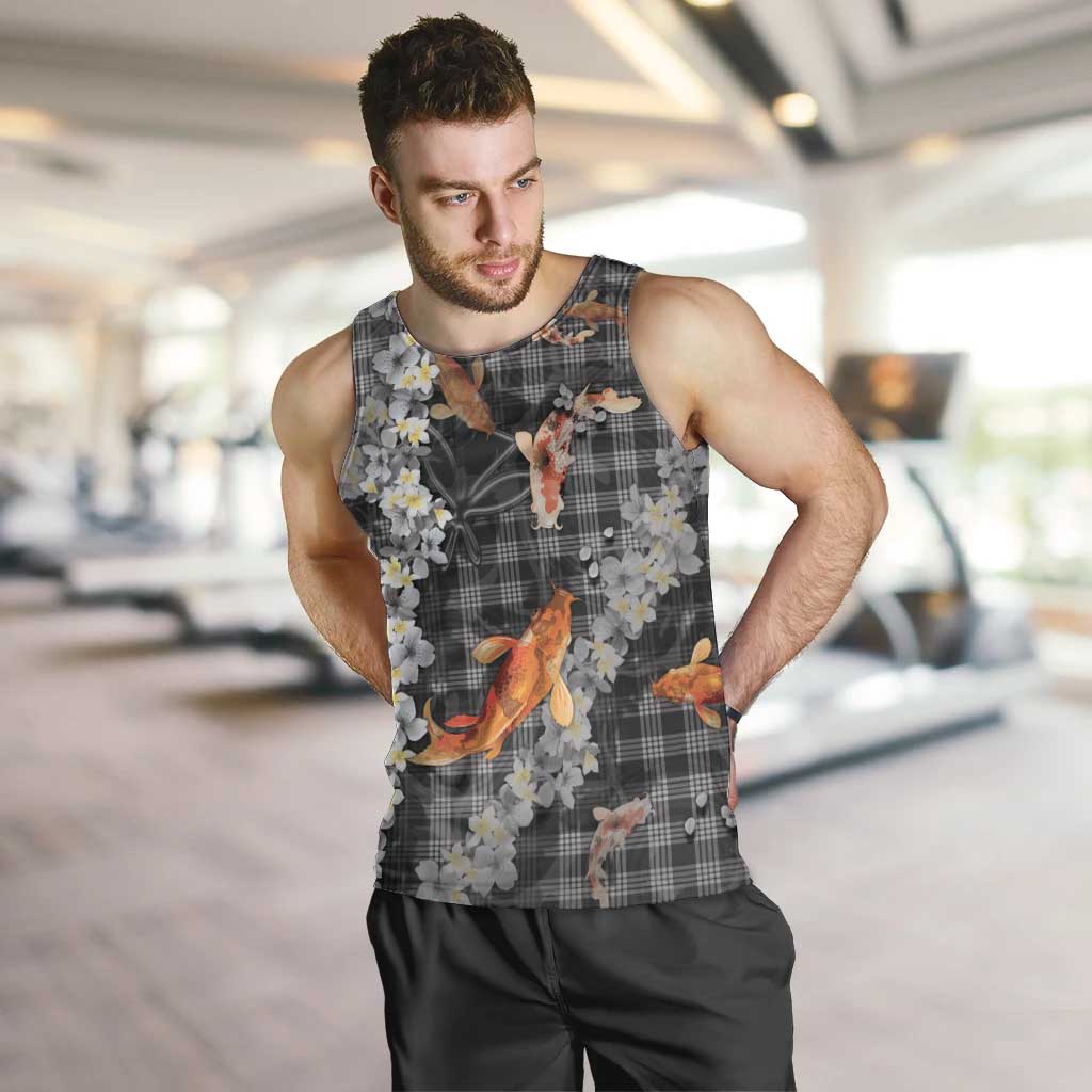 Black Palaka Hawaiian And Japanese Men Tank Top Sakura Lei With Koi Fish - Polynesian Pride