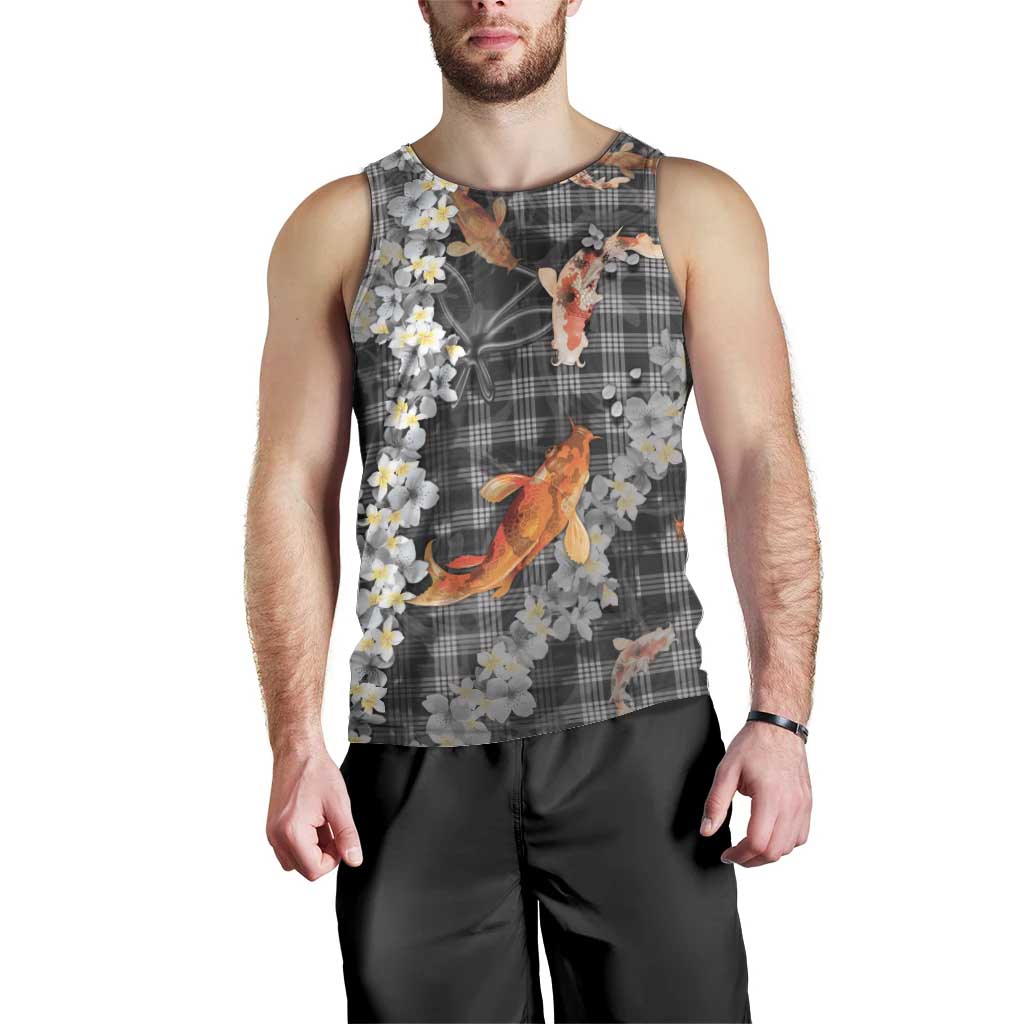 Black Palaka Hawaiian And Japanese Men Tank Top Sakura Lei With Koi Fish - Polynesian Pride
