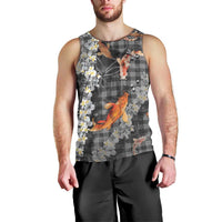 Black Palaka Hawaiian And Japanese Men Tank Top Sakura Lei With Koi Fish - Polynesian Pride