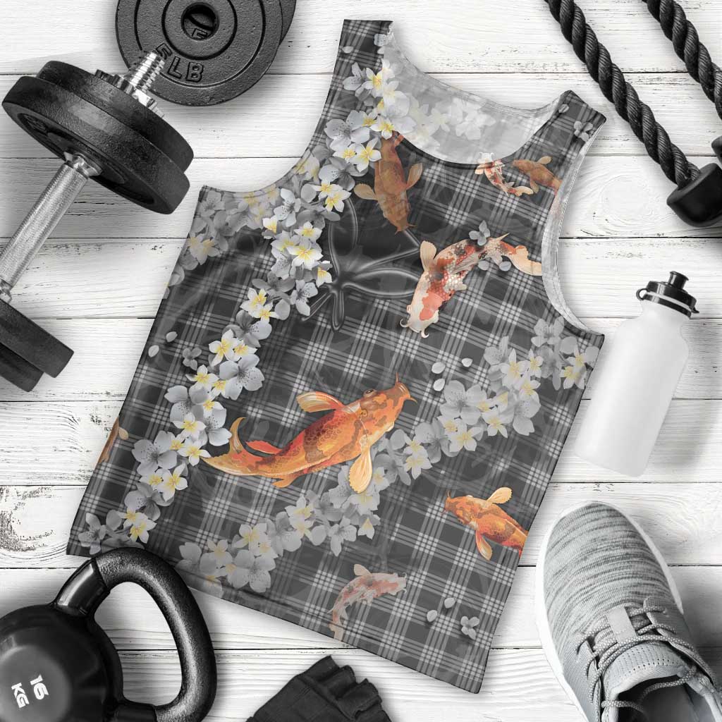 Black Palaka Hawaiian And Japanese Men Tank Top Sakura Lei With Koi Fish - Polynesian Pride