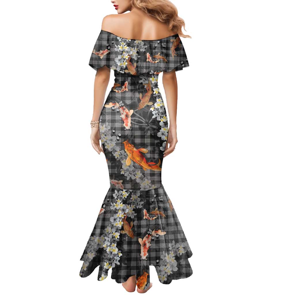 Black Palaka Hawaiian And Japanese Mermaid Dress Sakura Lei With Koi Fish - Polynesian Pride