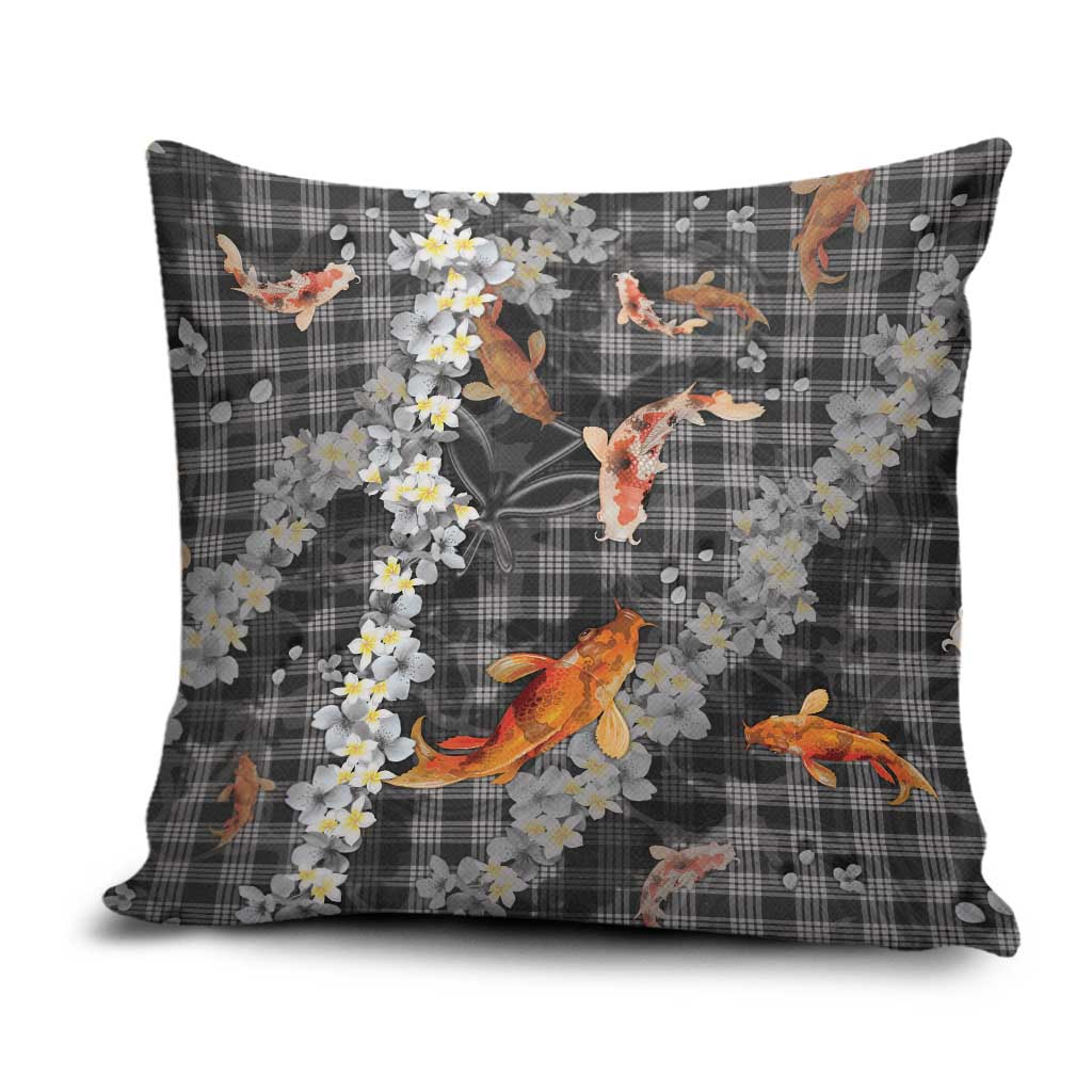 Black Palaka Hawaiian And Japanese Pillow Cover Sakura Lei With Koi Fish DT05 Black - Polynesian Pride