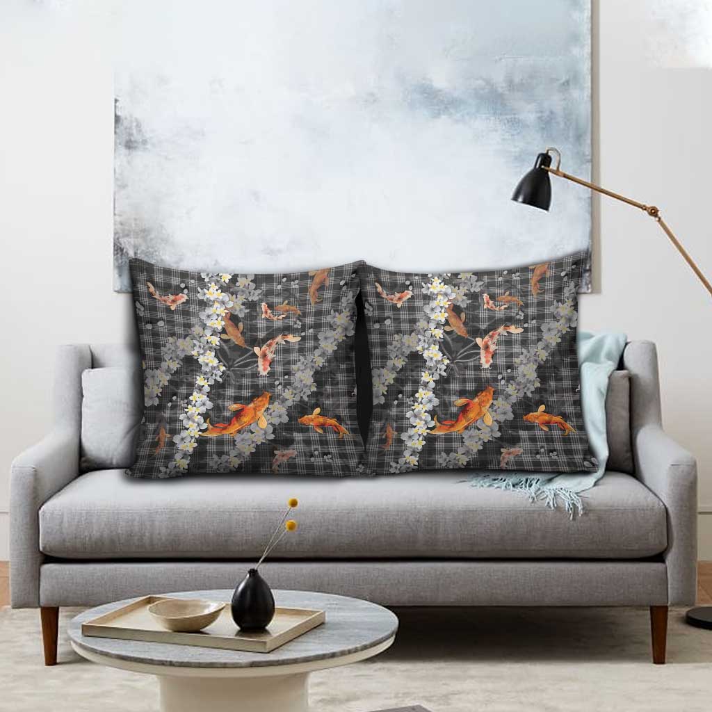 Black Palaka Hawaiian And Japanese Pillow Cover Sakura Lei With Koi Fish DT05 - Polynesian Pride