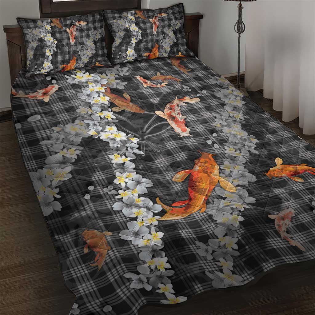 Black Palaka Hawaiian And Japanese Quilt Bed Set Sakura Lei With Koi Fish DT05 Black - Polynesian Pride