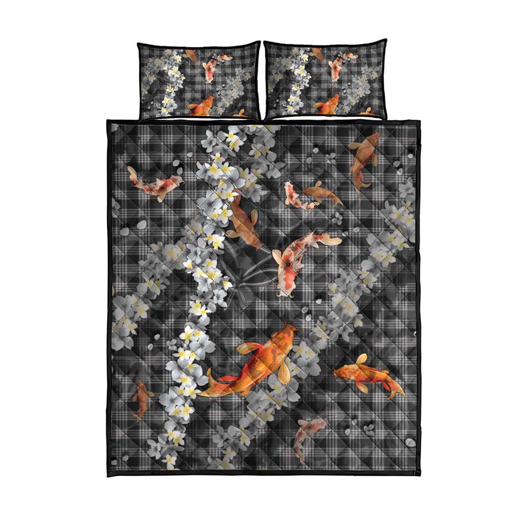Black Palaka Hawaiian And Japanese Quilt Bed Set Sakura Lei With Koi Fish DT05 - Polynesian Pride
