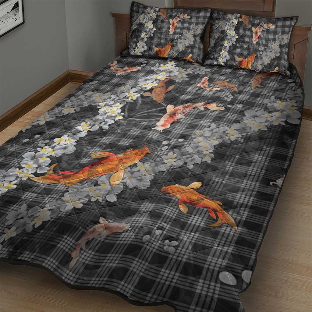 Black Palaka Hawaiian And Japanese Quilt Bed Set Sakura Lei With Koi Fish DT05 - Polynesian Pride