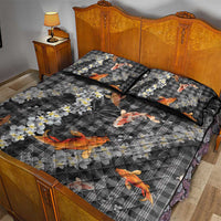 Black Palaka Hawaiian And Japanese Quilt Bed Set Sakura Lei With Koi Fish DT05 - Polynesian Pride