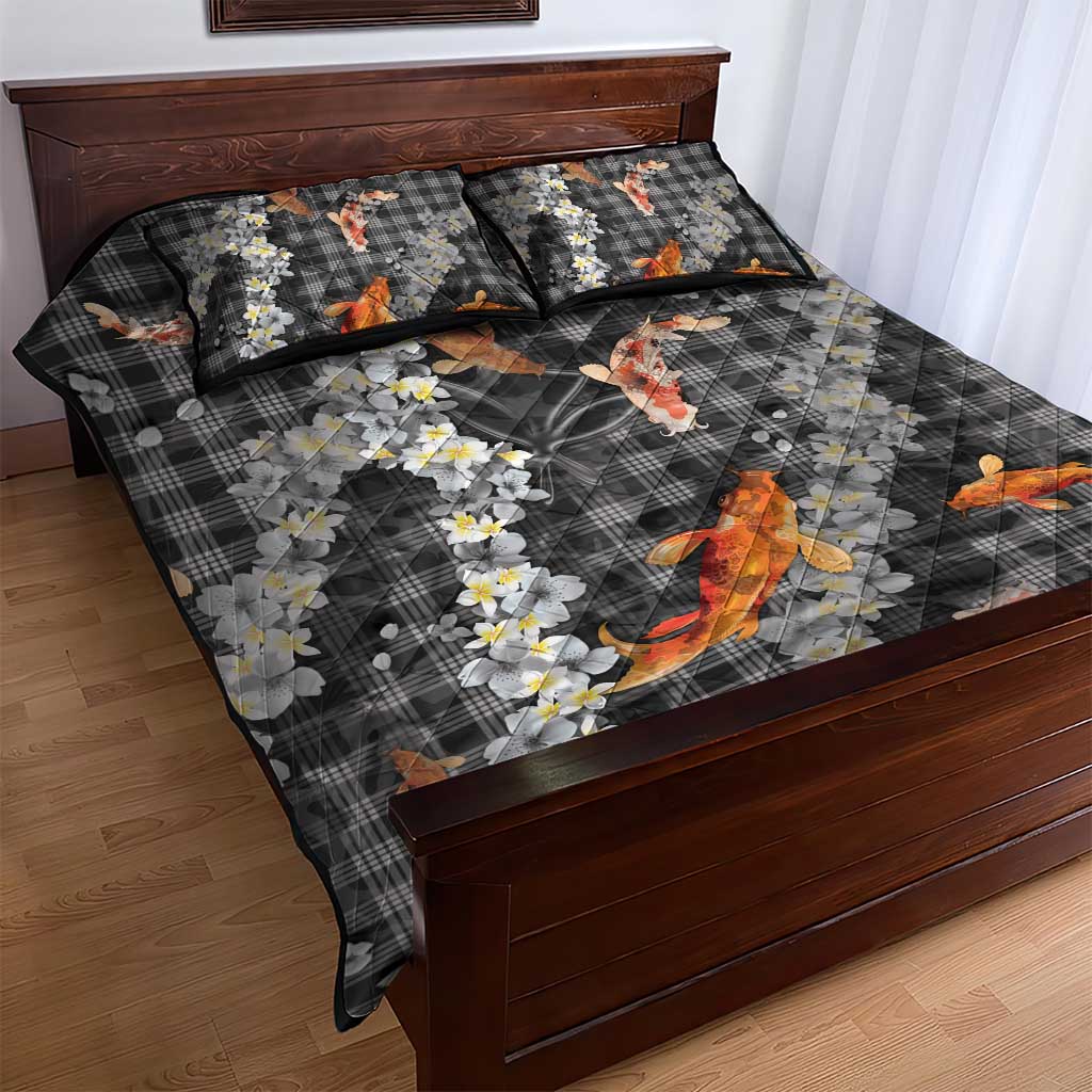 Black Palaka Hawaiian And Japanese Quilt Bed Set Sakura Lei With Koi Fish DT05 - Polynesian Pride