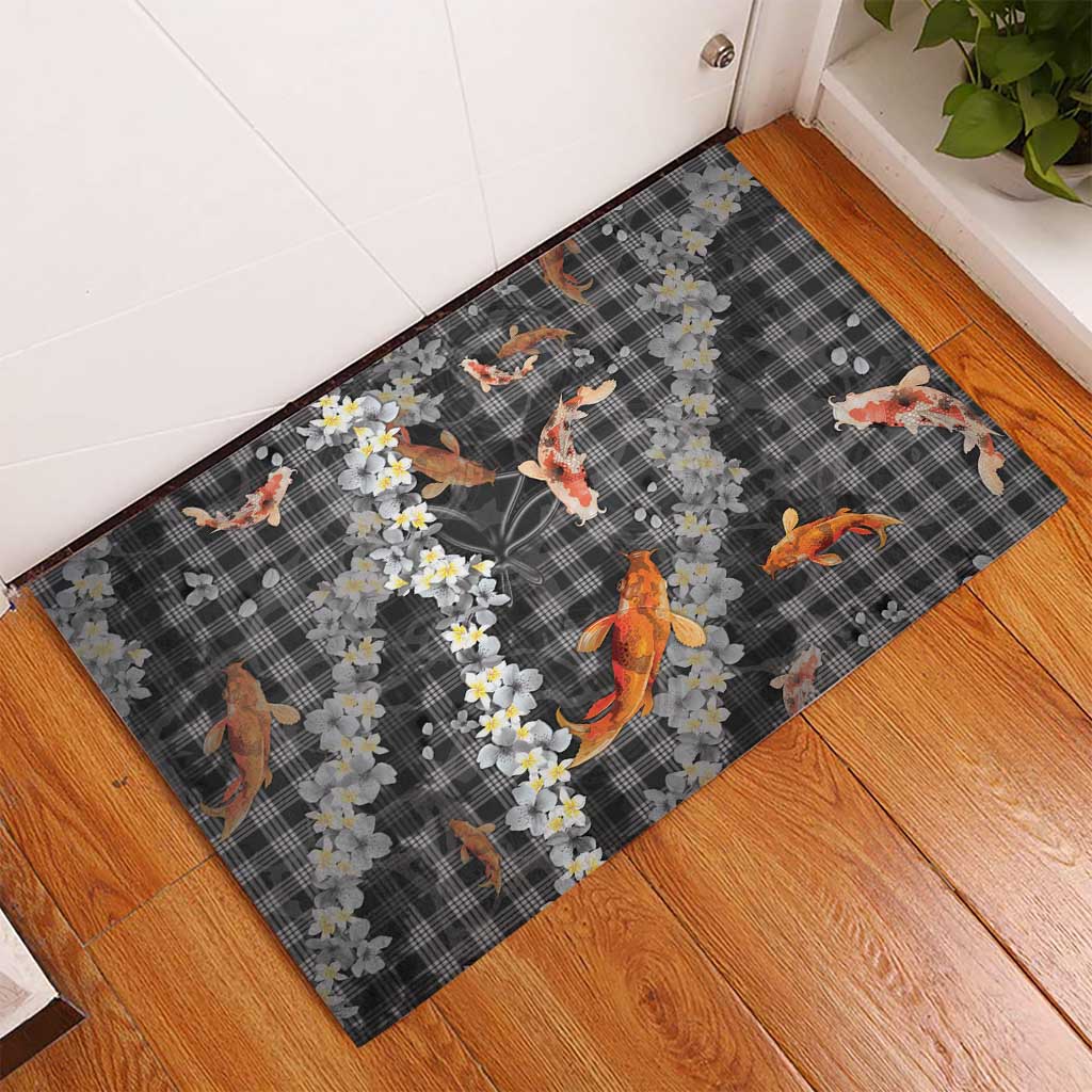 Black Palaka Hawaiian And Japanese Rubber Doormat Sakura Lei With Koi Fish DT05 - Polynesian Pride