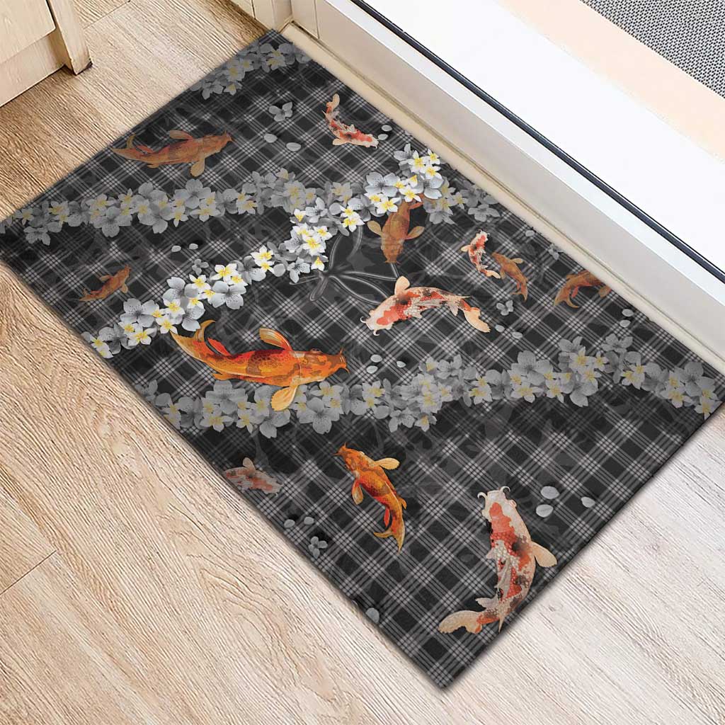 Black Palaka Hawaiian And Japanese Rubber Doormat Sakura Lei With Koi Fish DT05 - Polynesian Pride