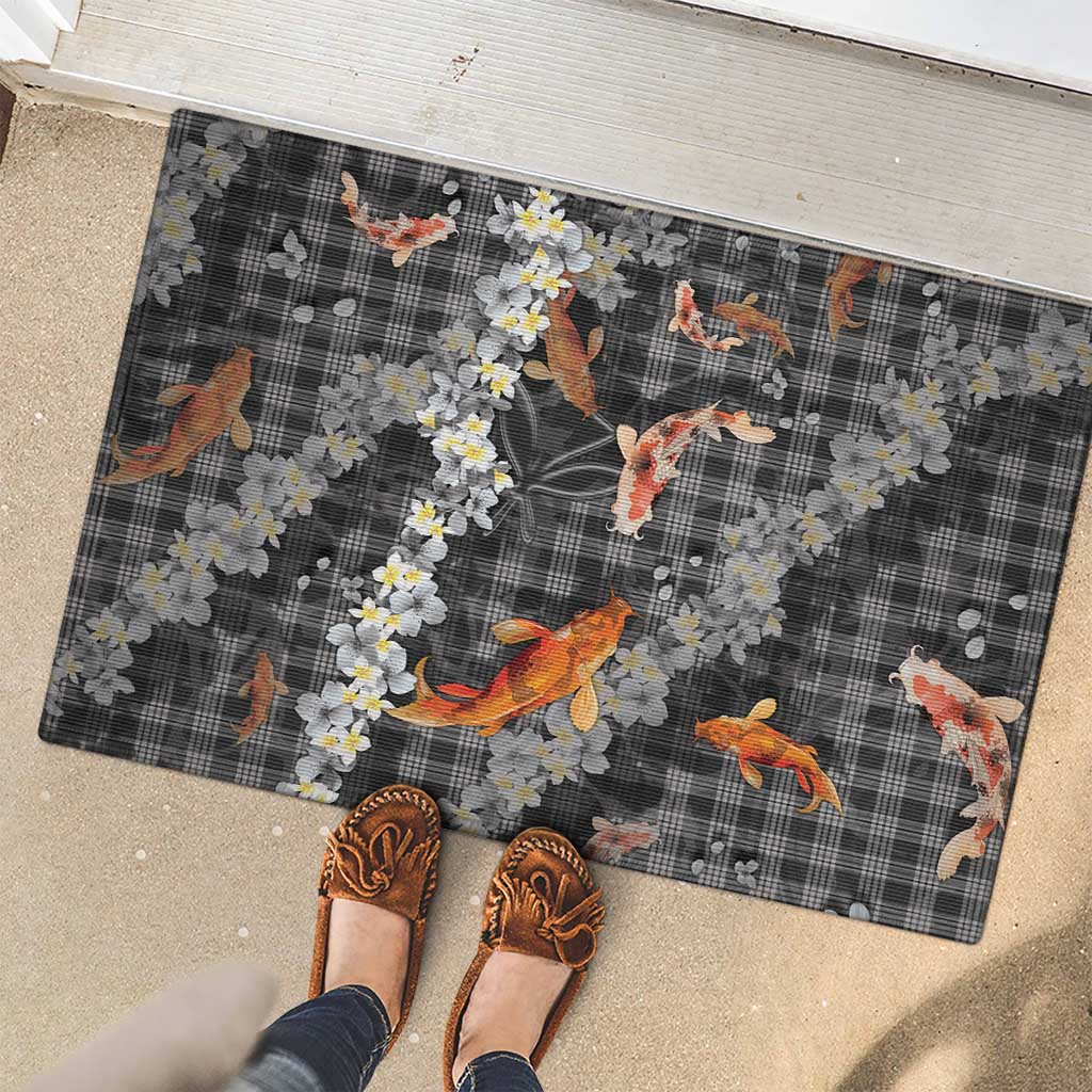 Black Palaka Hawaiian And Japanese Rubber Doormat Sakura Lei With Koi Fish DT05 - Polynesian Pride