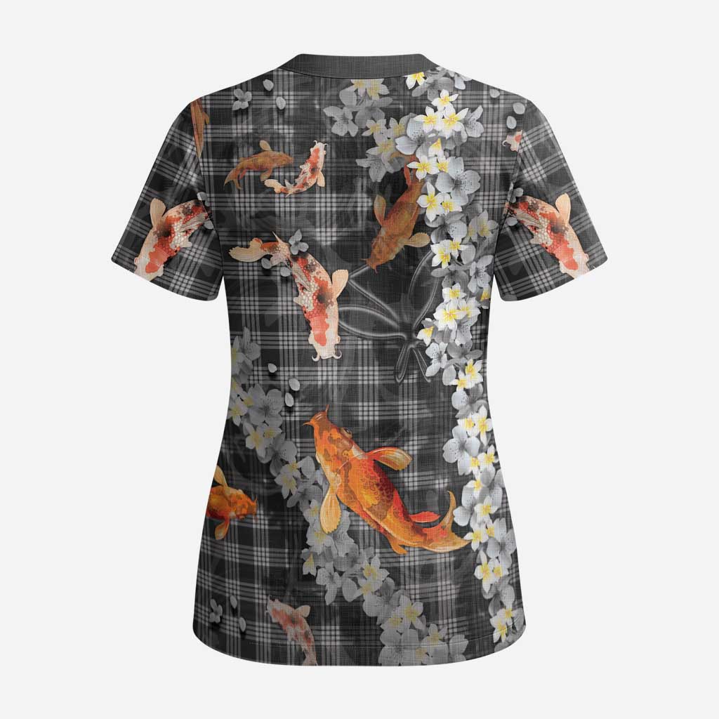 Black Palaka Hawaiian And Japanese Scrub Top Sakura Lei With Koi Fish - Polynesian Pride