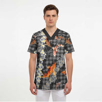 Black Palaka Hawaiian And Japanese Scrub Top Sakura Lei With Koi Fish - Polynesian Pride