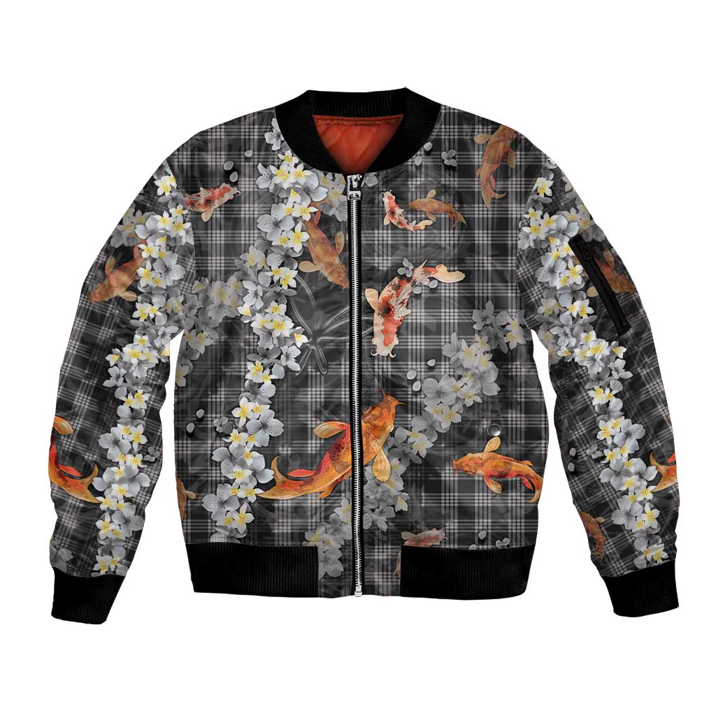 Black Palaka Hawaiian And Japanese Sleeve Zip Bomber Jacket Sakura Lei With Koi Fish DT05 Unisex Black - Polynesian Pride