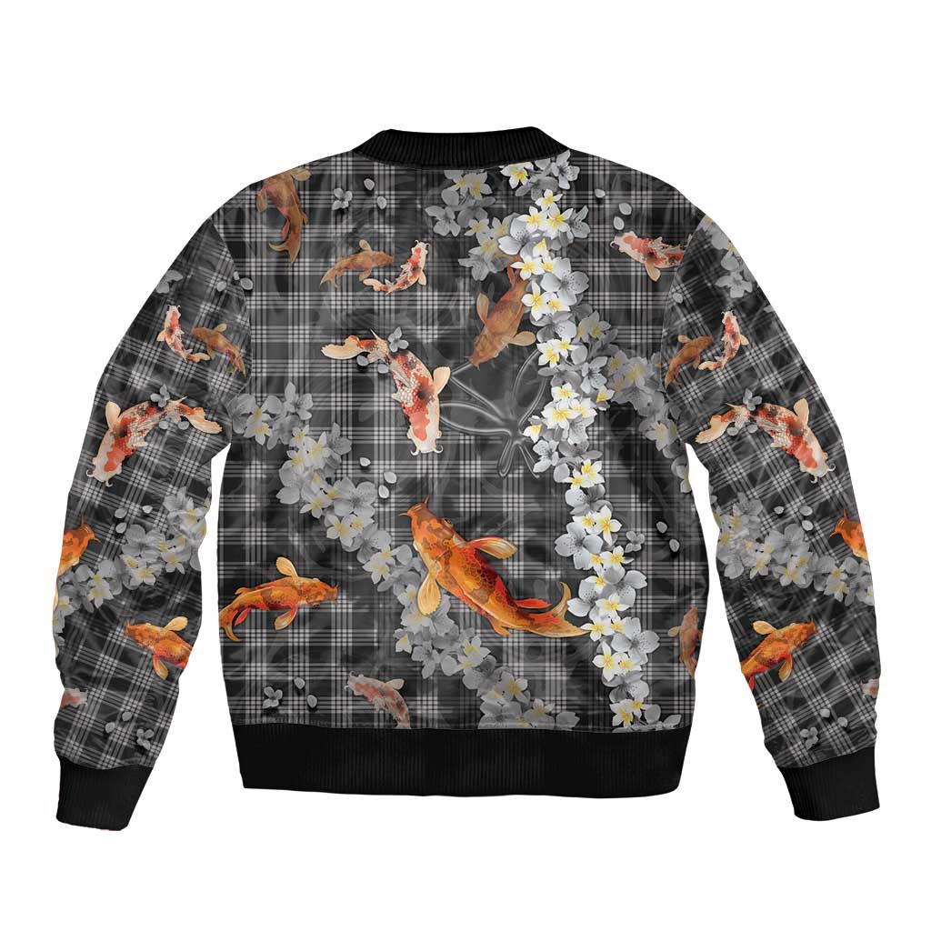 Black Palaka Hawaiian And Japanese Sleeve Zip Bomber Jacket Sakura Lei With Koi Fish DT05 - Polynesian Pride