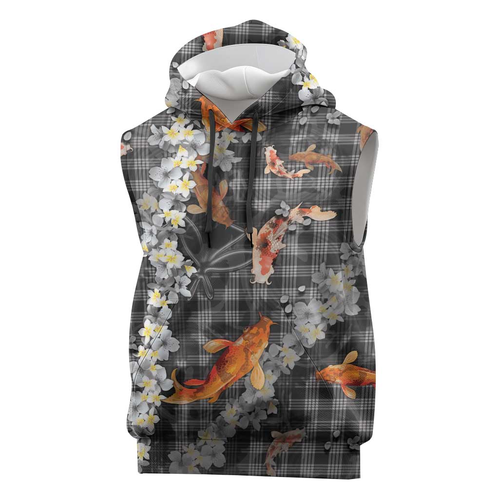 Black Palaka Hawaiian And Japanese Sleeveless Hoodie Sakura Lei With Koi Fish DT05 Black - Polynesian Pride