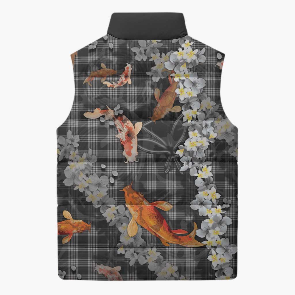 Black Palaka Hawaiian And Japanese Sleeveless Puffer Jacket Sakura Lei With Koi Fish - Polynesian Pride