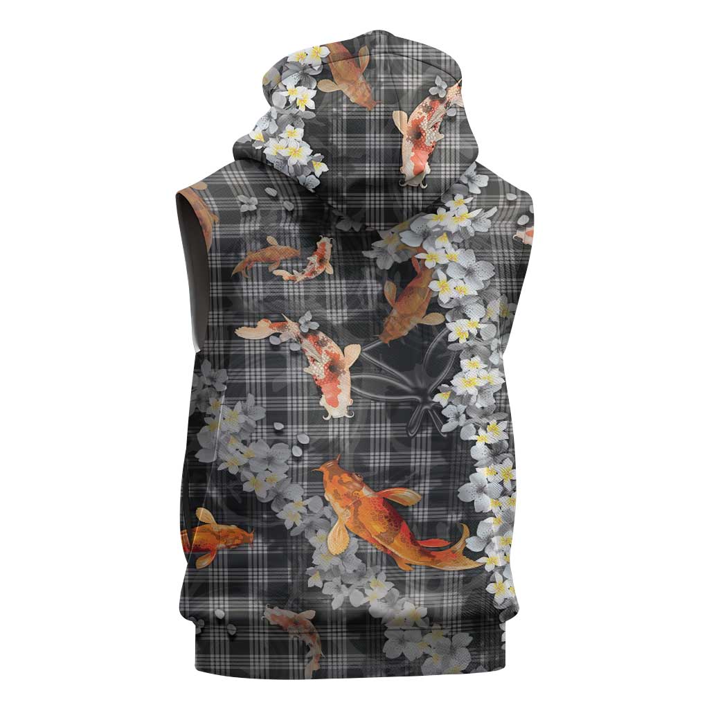 Black Palaka Hawaiian And Japanese Sleeveless Zip Hoodie Sakura Lei With Koi Fish DT05 - Polynesian Pride