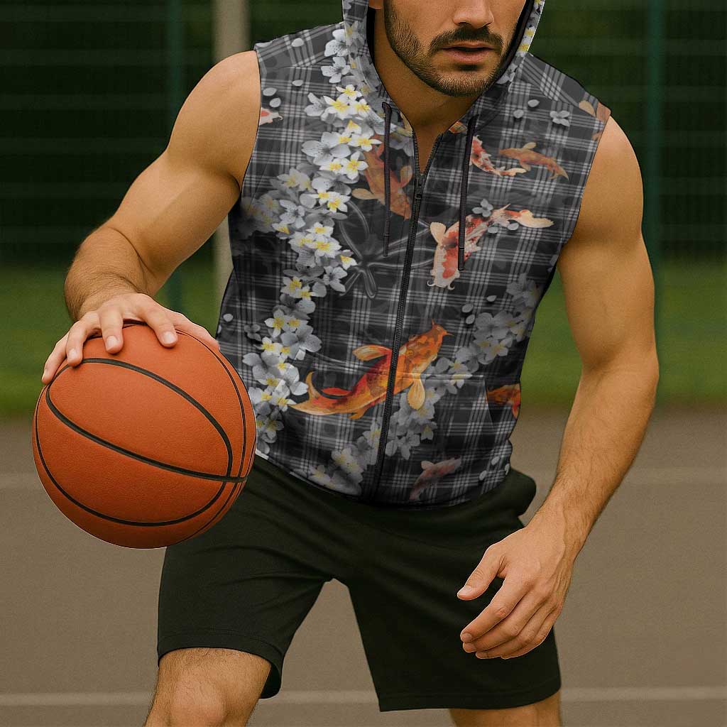 Black Palaka Hawaiian And Japanese Sleeveless Zip Hoodie Sakura Lei With Koi Fish DT05 - Polynesian Pride