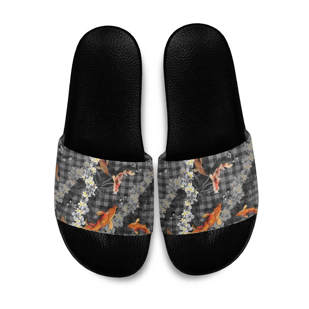 Black Palaka Hawaiian And Japanese Slide Sandals Sakura Lei With Koi Fish DT05 Black - Polynesian Pride