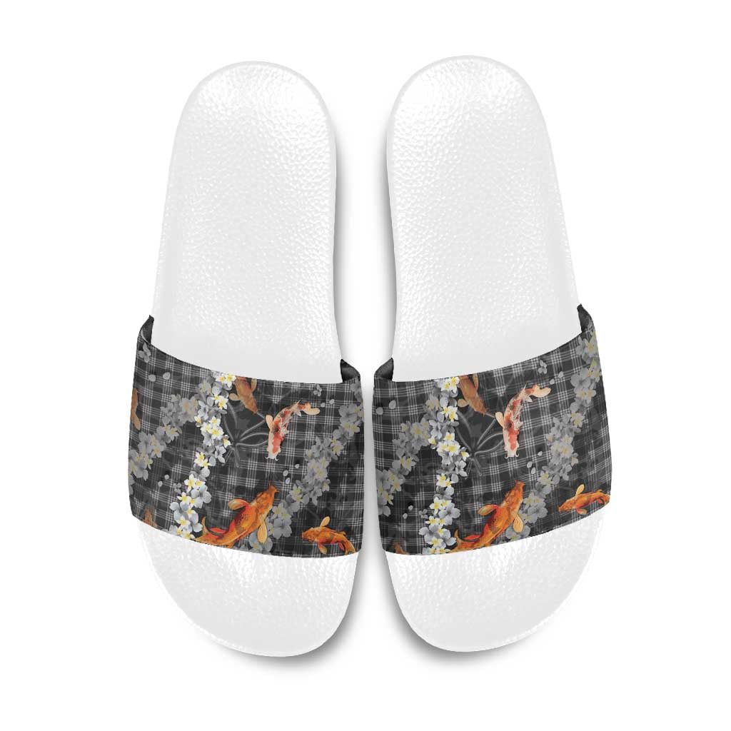 Black Palaka Hawaiian And Japanese Slide Sandals Sakura Lei With Koi Fish DT05 Black - Polynesian Pride