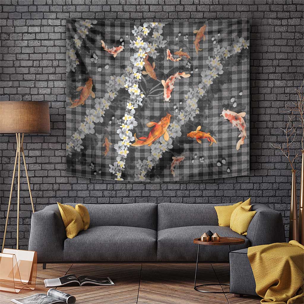 Black Palaka Hawaiian And Japanese Tapestry Sakura Lei With Koi Fish - Polynesian Pride