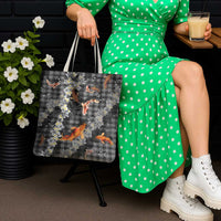 Black Palaka Hawaiian And Japanese Tote Bag Sakura Lei With Koi Fish - Polynesian Pride