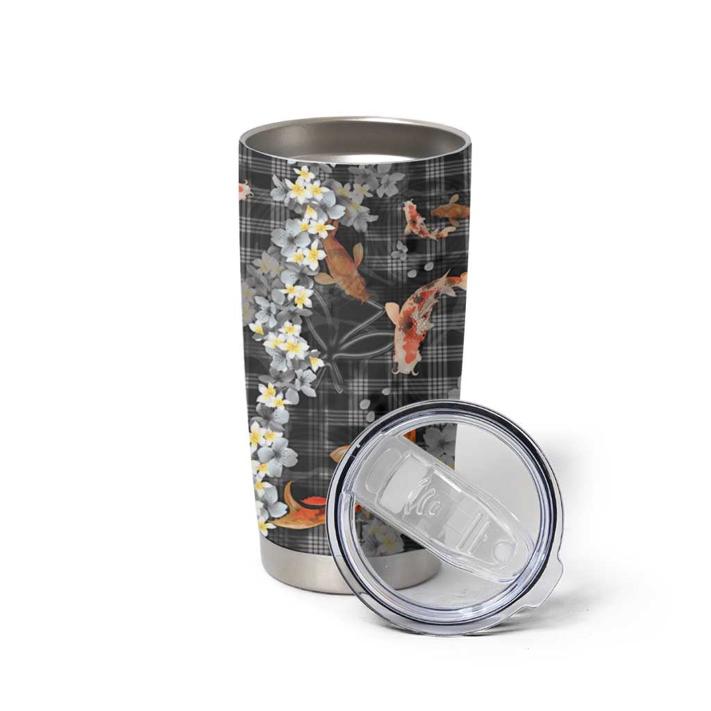 Black Palaka Hawaiian And Japanese Tumbler Cup Sakura Lei With Koi Fish - Polynesian Pride