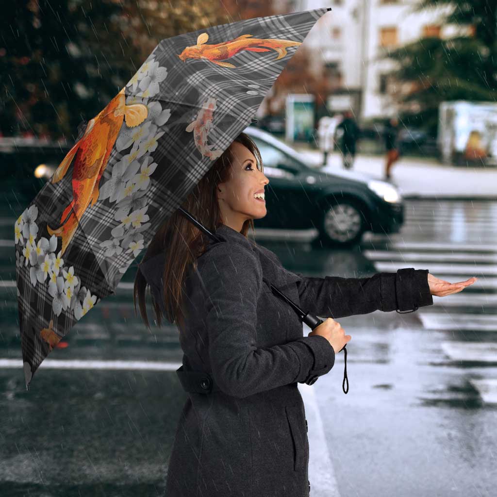 Black Palaka Hawaiian And Japanese Umbrella Sakura Lei With Koi Fish - Polynesian Pride